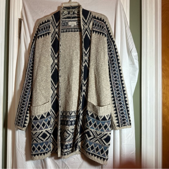 Lucky Brand Women’s Tan Aztec Print Hooded  Open Front  Cardigan  Size M - Picture 1 of 5
